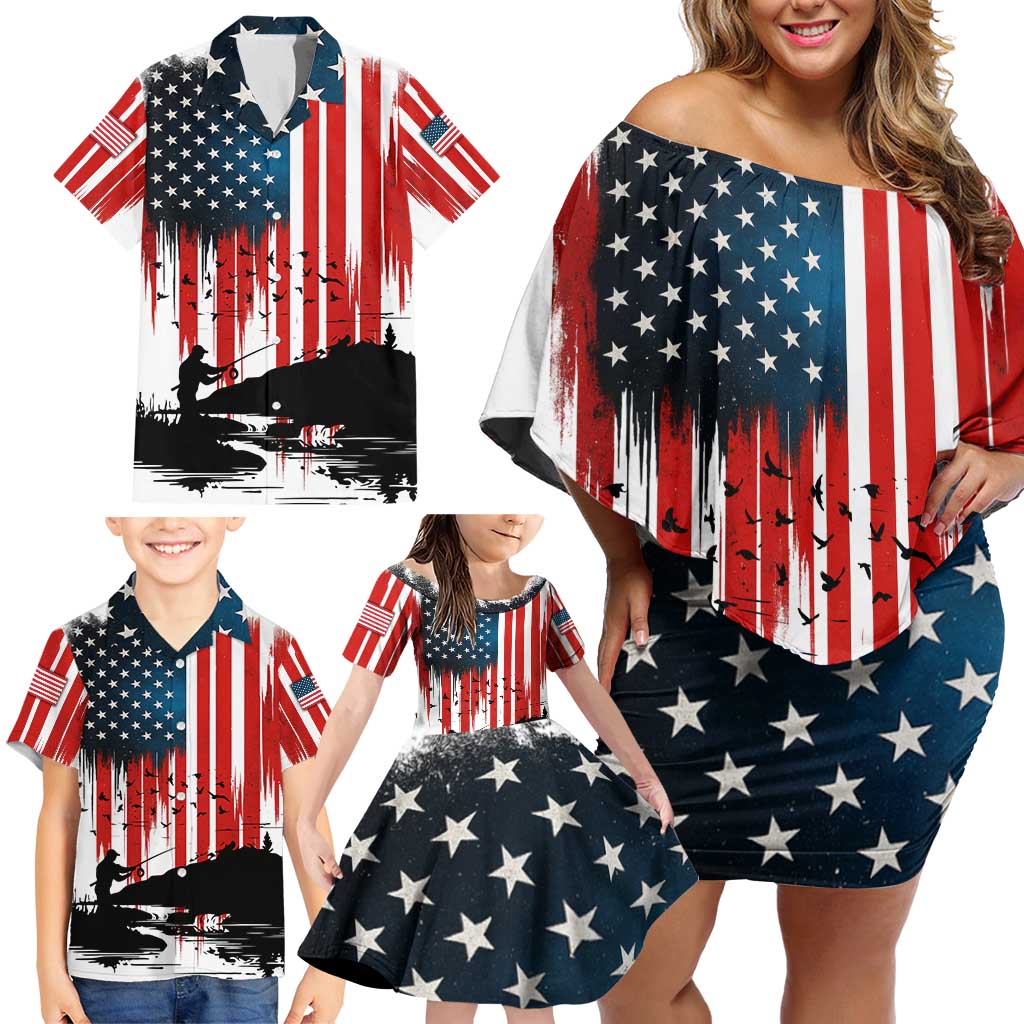 Custom Flag American Fishing Family Matching Off Shoulder Short Dress and Hawaiian Shirt Fish Silhouette in Grunge Patriotic - Wonder Print Shop
