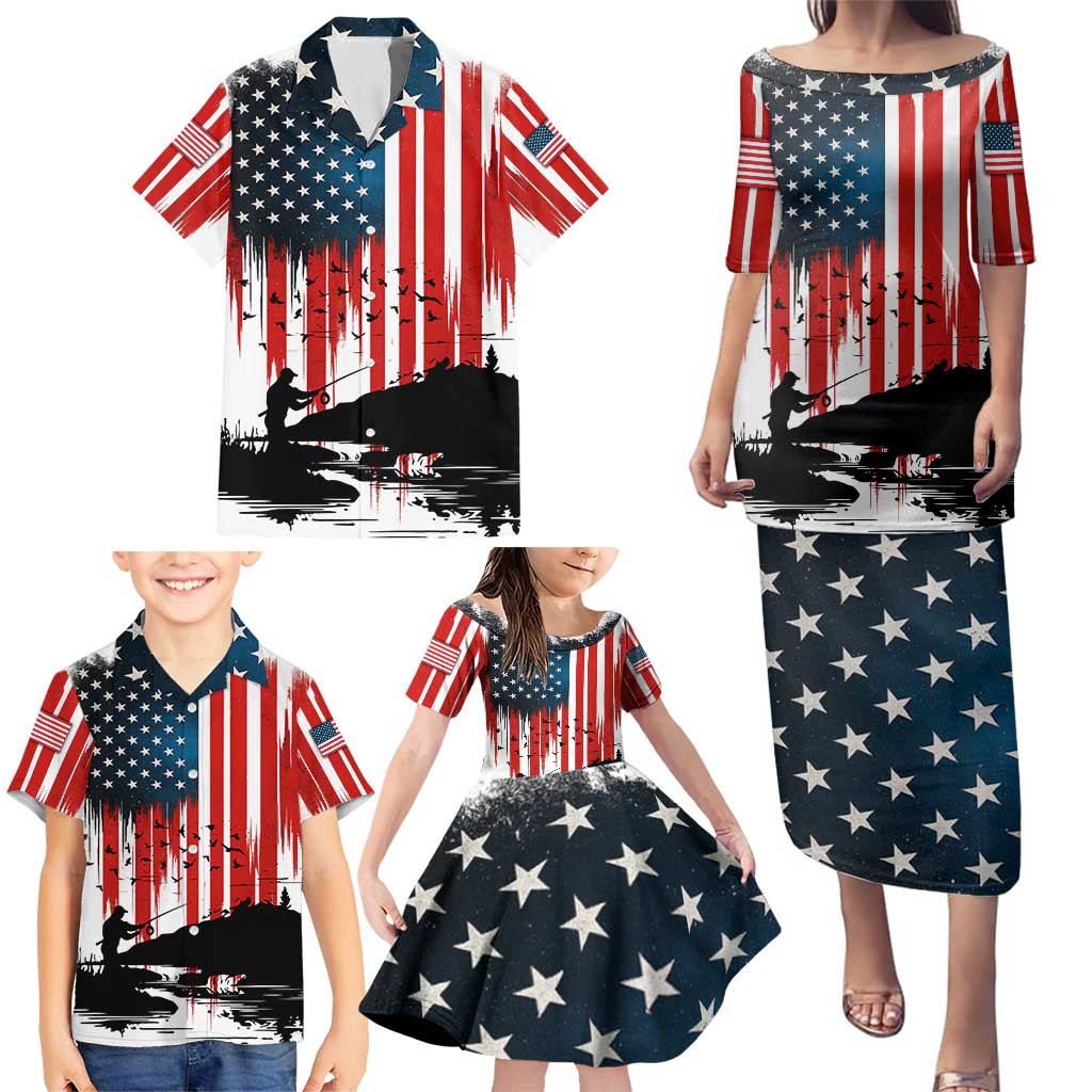 Custom Flag American Fishing Family Matching Puletasi and Hawaiian Shirt Fish Silhouette in Grunge Patriotic - Wonder Print Shop