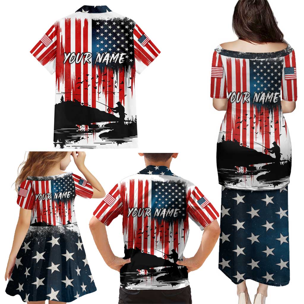 Custom Flag American Fishing Family Matching Puletasi and Hawaiian Shirt Fish Silhouette in Grunge Patriotic - Wonder Print Shop