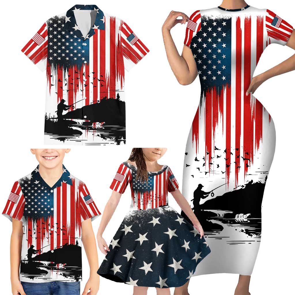 Custom Flag American Fishing Family Matching Short Sleeve Bodycon Dress and Hawaiian Shirt Fish Silhouette in Grunge Patriotic - Wonder Print Shop
