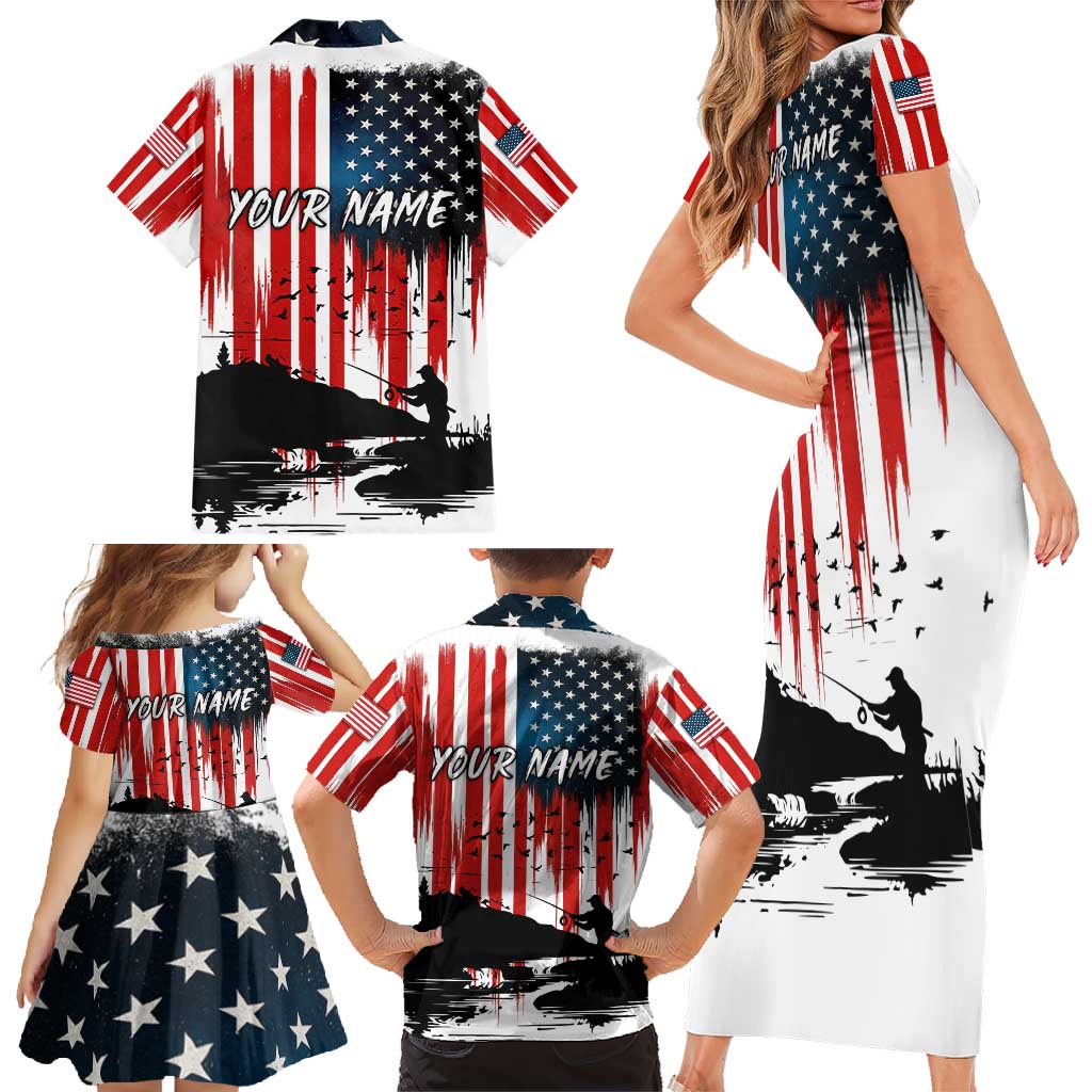 Custom Flag American Fishing Family Matching Short Sleeve Bodycon Dress and Hawaiian Shirt Fish Silhouette in Grunge Patriotic - Wonder Print Shop