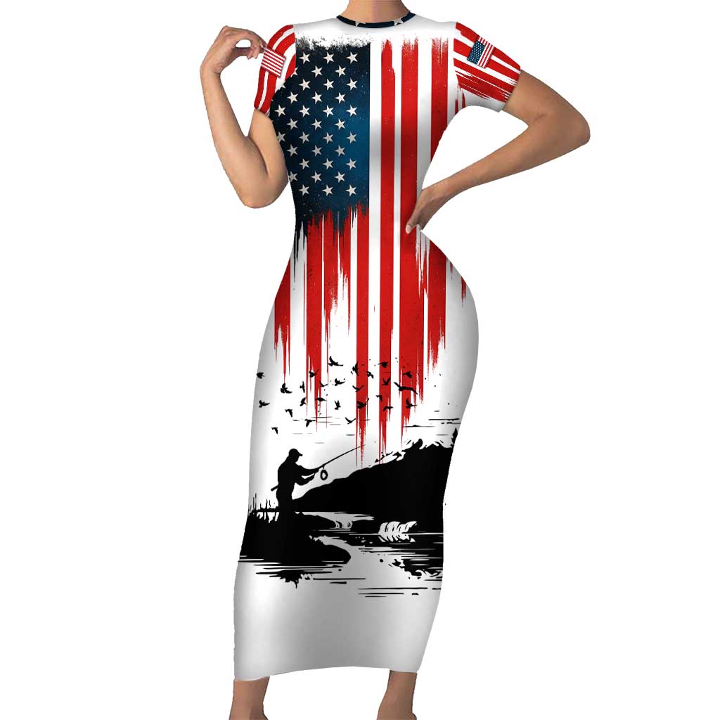 Custom Flag American Fishing Family Matching Short Sleeve Bodycon Dress and Hawaiian Shirt Fish Silhouette in Grunge Patriotic - Wonder Print Shop