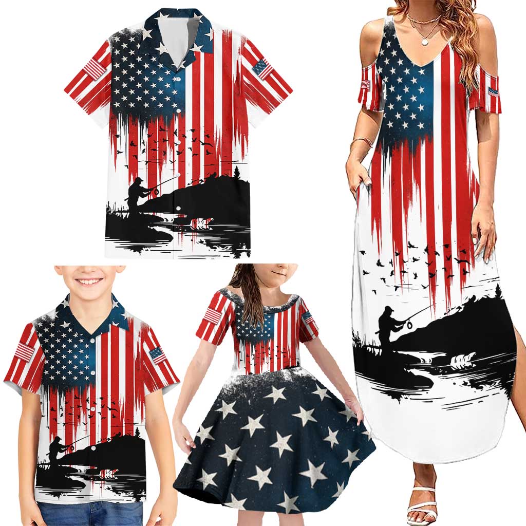 Custom Flag American Fishing Family Matching Summer Maxi Dress and Hawaiian Shirt Fish Silhouette in Grunge Patriotic - Wonder Print Shop