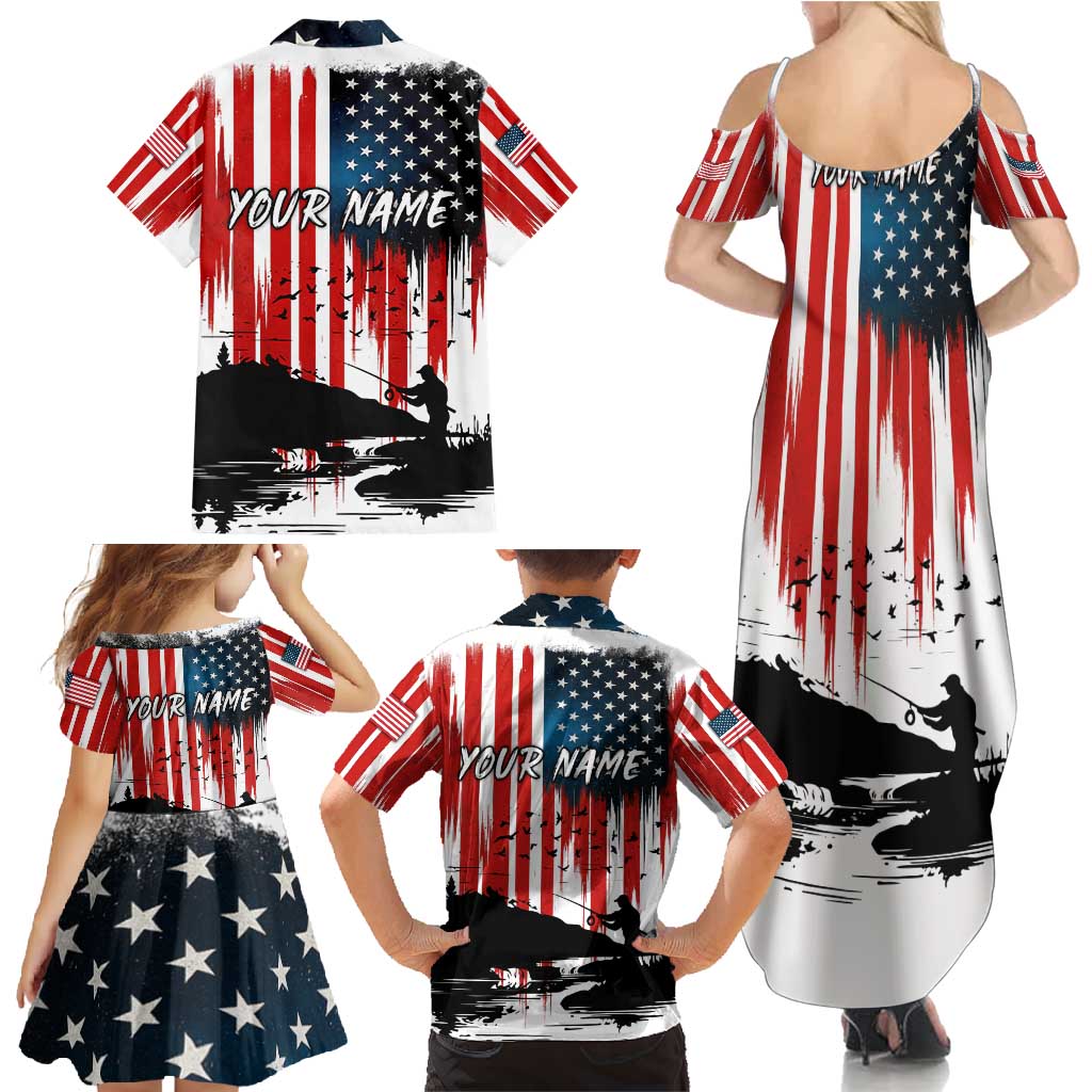 Custom Flag American Fishing Family Matching Summer Maxi Dress and Hawaiian Shirt Fish Silhouette in Grunge Patriotic - Wonder Print Shop