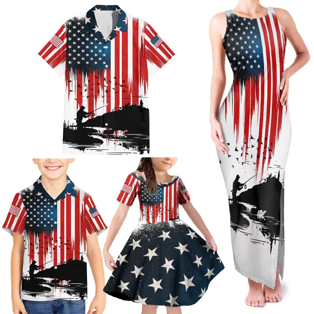 Custom Flag American Fishing Family Matching Tank Maxi Dress and Hawaiian Shirt Fish Silhouette in Grunge Patriotic - Wonder Print Shop
