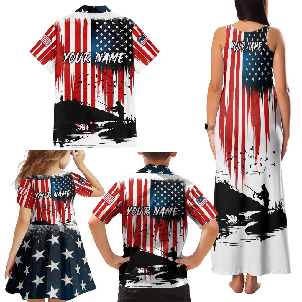Custom Flag American Fishing Family Matching Tank Maxi Dress and Hawaiian Shirt Fish Silhouette in Grunge Patriotic - Wonder Print Shop
