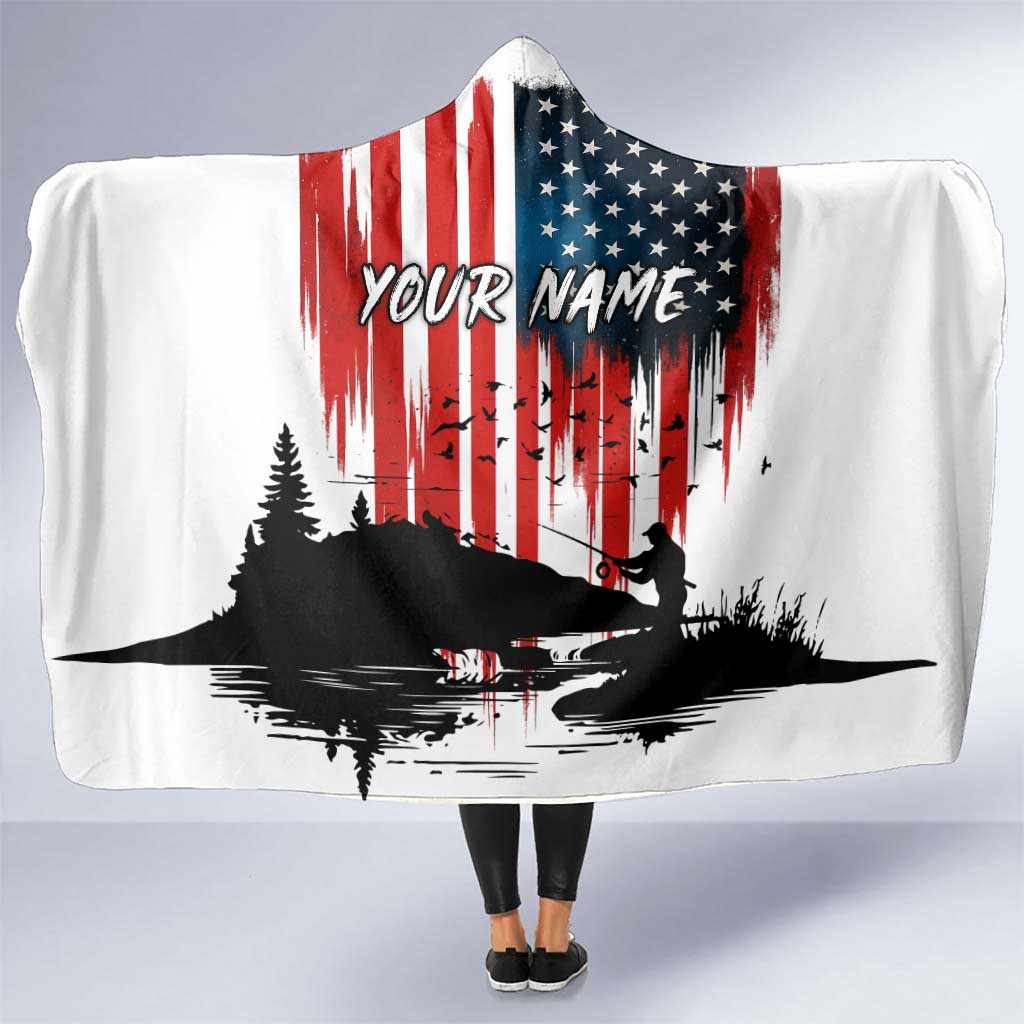 Custom Flag American Fishing Hooded Blanket Fish Silhouette in Grunge Patriotic - Wonder Print Shop