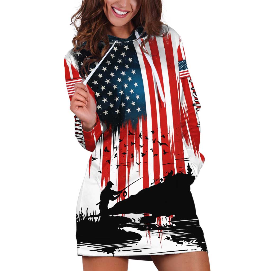 Custom Flag American Fishing Hoodie Dress Fish Silhouette in Grunge Patriotic - Wonder Print Shop