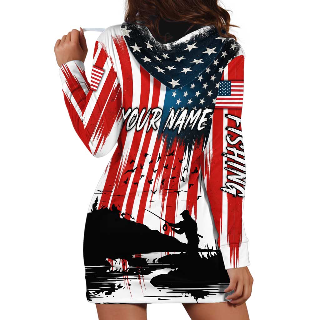Custom Flag American Fishing Hoodie Dress Fish Silhouette in Grunge Patriotic - Wonder Print Shop