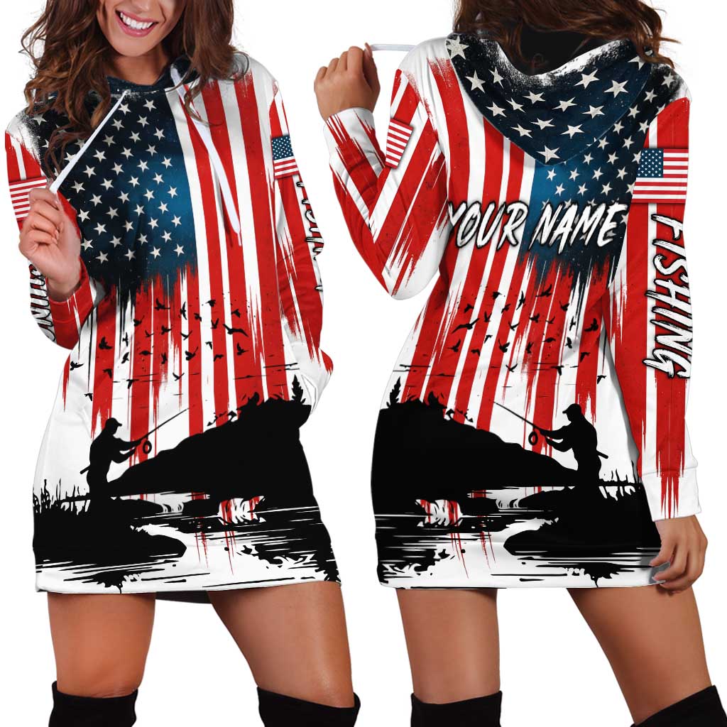 Custom Flag American Fishing Hoodie Dress Fish Silhouette in Grunge Patriotic - Wonder Print Shop