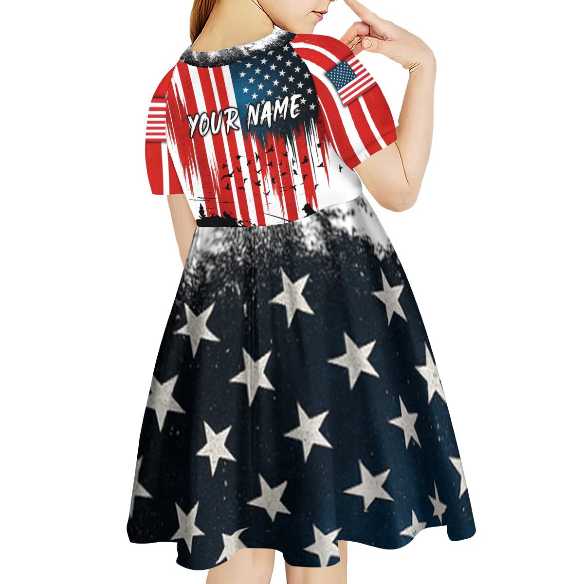 Custom Flag American Fishing Kid Short Sleeve Dress Fish Silhouette in Grunge Patriotic - Wonder Print Shop