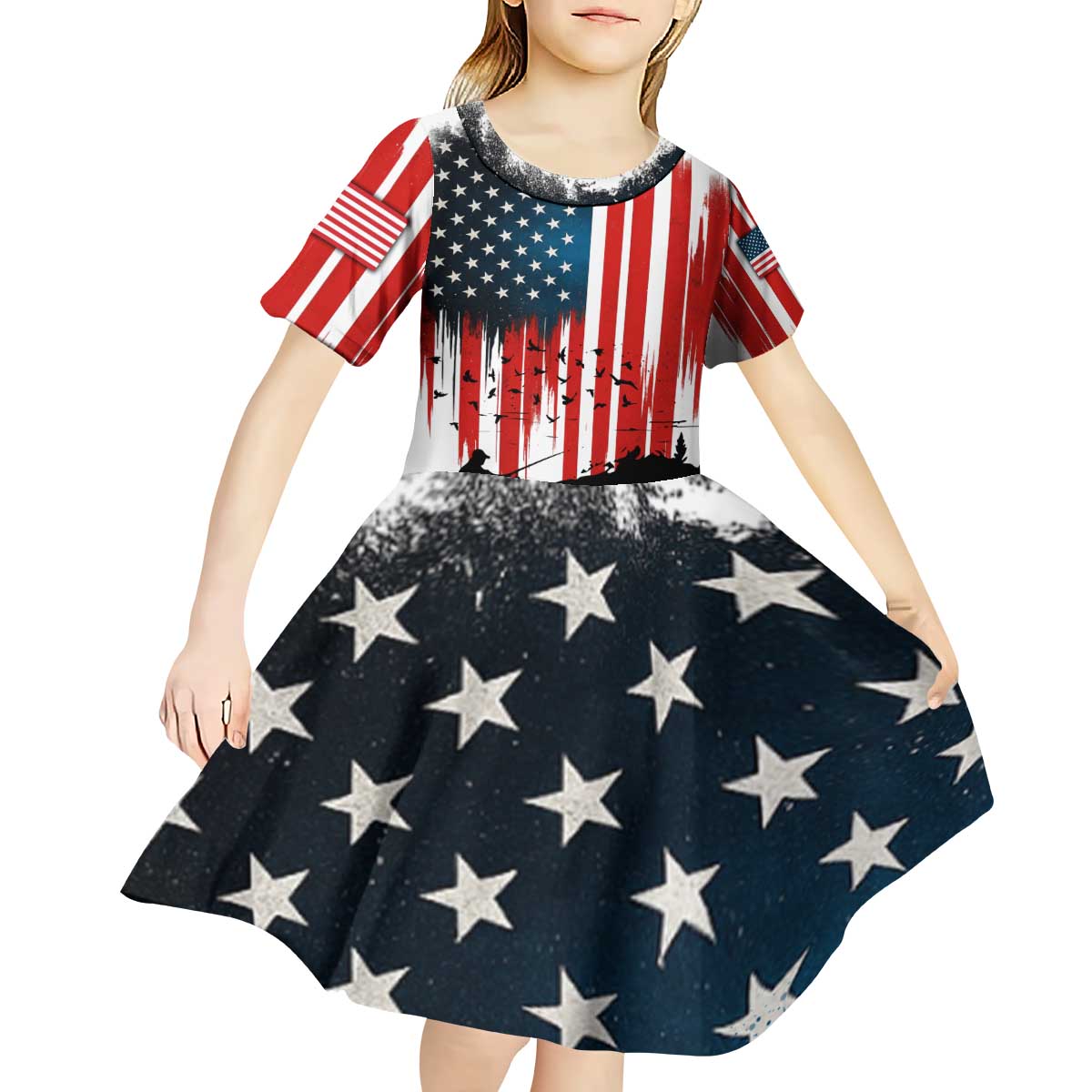 Custom Flag American Fishing Kid Short Sleeve Dress Fish Silhouette in Grunge Patriotic - Wonder Print Shop