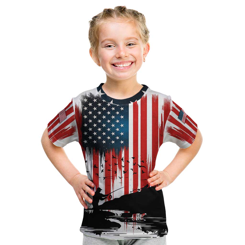 Custom Flag American Fishing Kid T Shirt Fish Silhouette in Grunge Patriotic - Wonder Print Shop