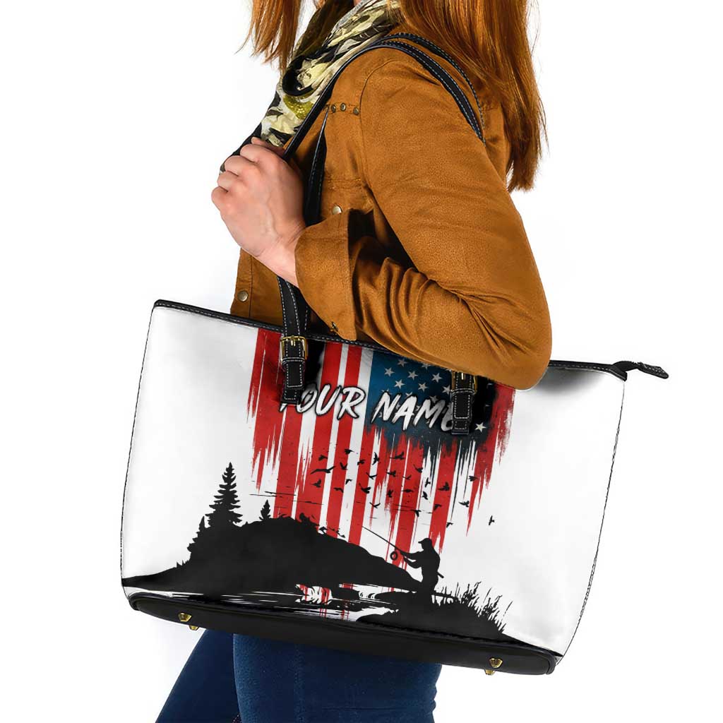 Custom Flag American Fishing Leather Tote Bag Fish Silhouette in Grunge Patriotic - Wonder Print Shop