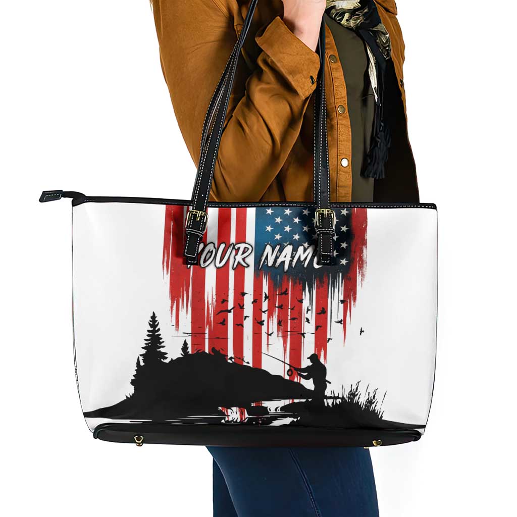 Custom Flag American Fishing Leather Tote Bag Fish Silhouette in Grunge Patriotic - Wonder Print Shop