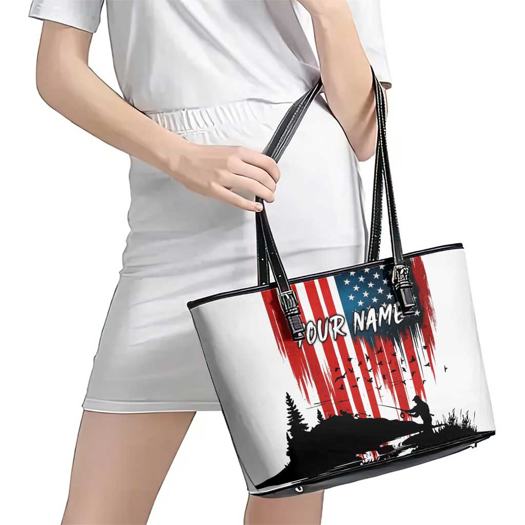 Custom Flag American Fishing Leather Tote Bag Fish Silhouette in Grunge Patriotic - Wonder Print Shop