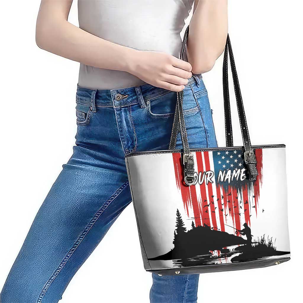 Custom Flag American Fishing Leather Tote Bag Fish Silhouette in Grunge Patriotic - Wonder Print Shop
