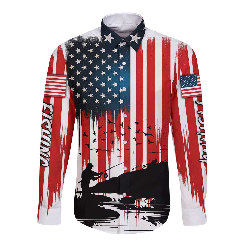 Custom Flag American Fishing Long Sleeve Button Shirt Fish Silhouette in Grunge Patriotic - Wonder Print Shop
