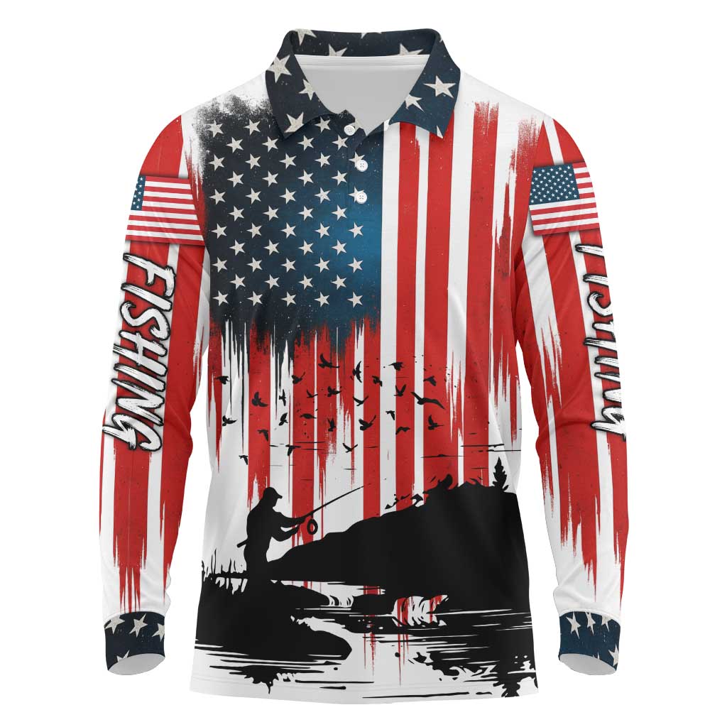 Custom Flag American Fishing Long Sleeve Polo Shirt Fish Silhouette in Grunge Patriotic - Wonder Print Shop
