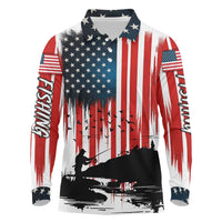 Custom Flag American Fishing Long Sleeve Polo Shirt Fish Silhouette in Grunge Patriotic - Wonder Print Shop