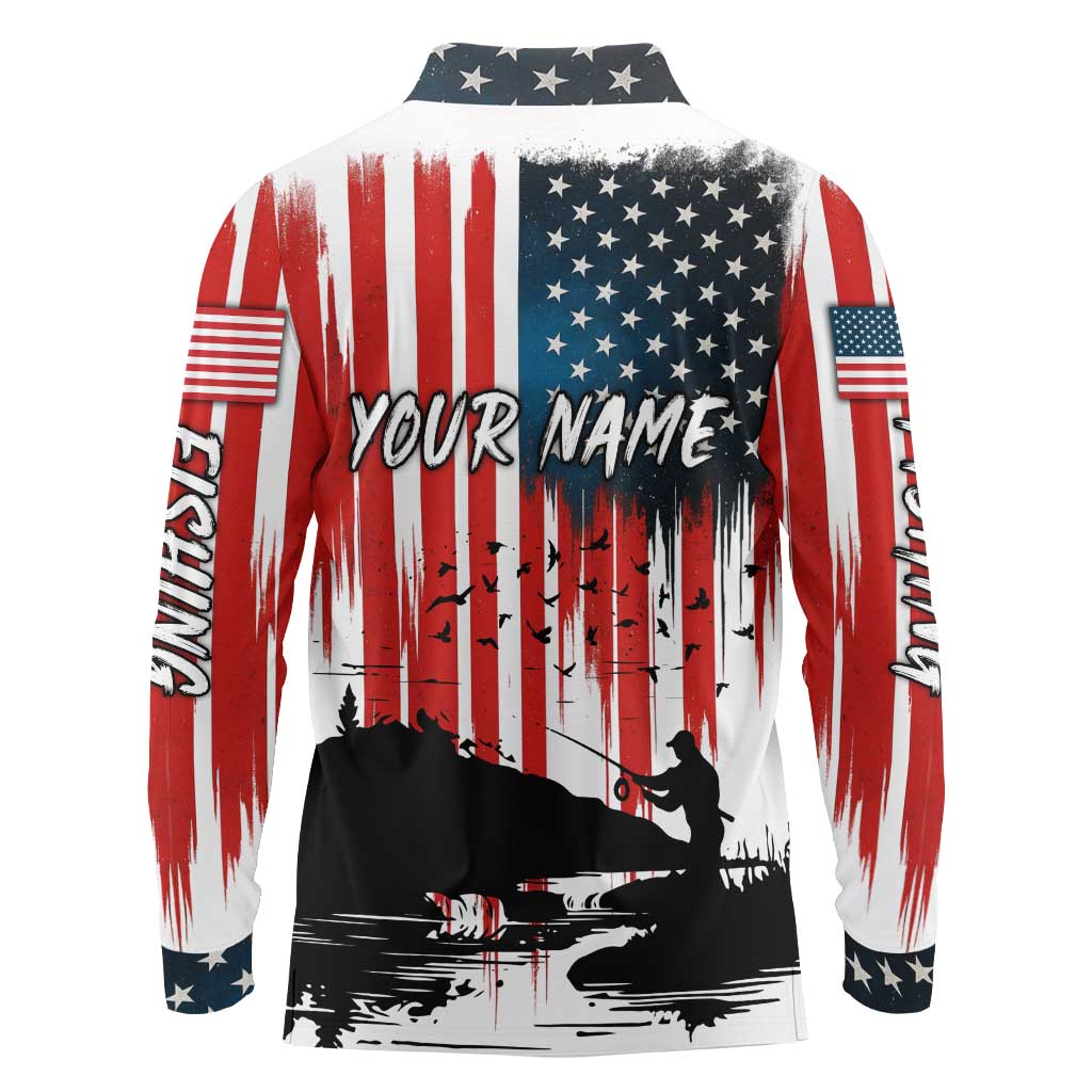 Custom Flag American Fishing Long Sleeve Polo Shirt Fish Silhouette in Grunge Patriotic - Wonder Print Shop