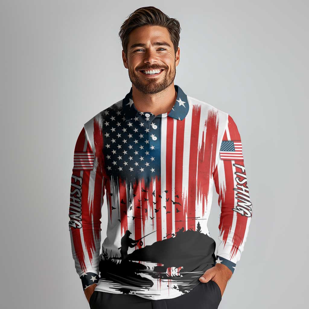 Custom Flag American Fishing Long Sleeve Polo Shirt Fish Silhouette in Grunge Patriotic - Wonder Print Shop
