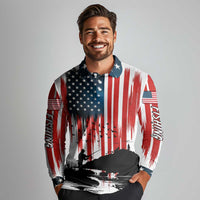 Custom Flag American Fishing Long Sleeve Polo Shirt Fish Silhouette in Grunge Patriotic - Wonder Print Shop
