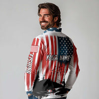 Custom Flag American Fishing Long Sleeve Polo Shirt Fish Silhouette in Grunge Patriotic - Wonder Print Shop