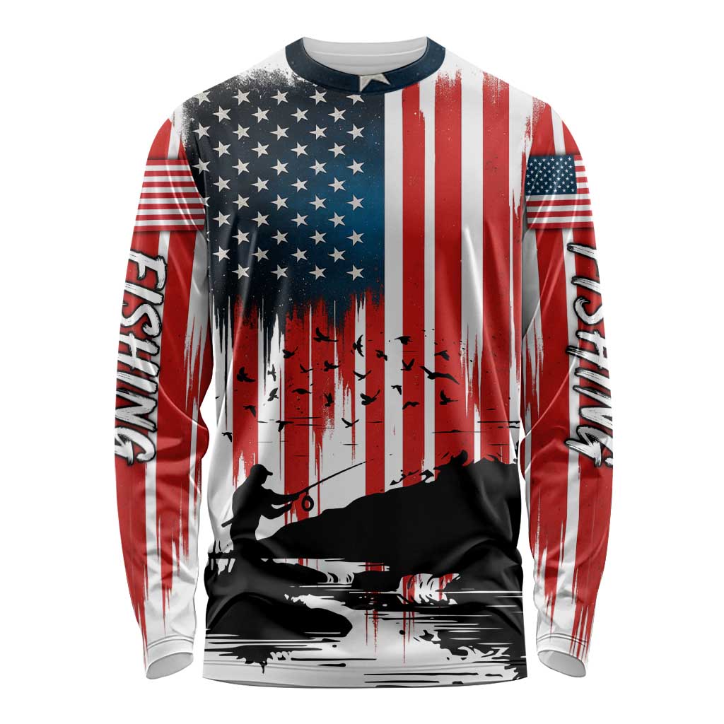 Custom Flag American Fishing Long Sleeve Shirt Fish Silhouette in Grunge Patriotic - Wonder Print Shop