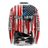 Custom Flag American Fishing Long Sleeve Shirt Fish Silhouette in Grunge Patriotic - Wonder Print Shop