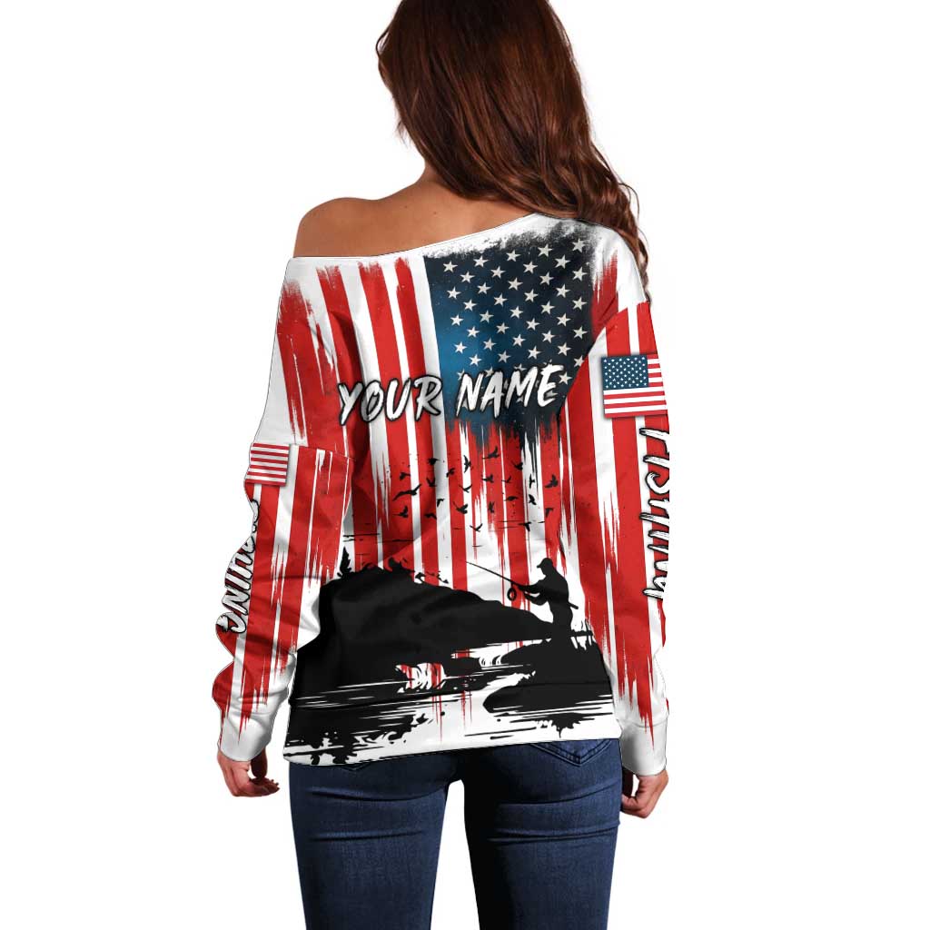 Custom Flag American Fishing Off Shoulder Sweater Fish Silhouette in Grunge Patriotic - Wonder Print Shop