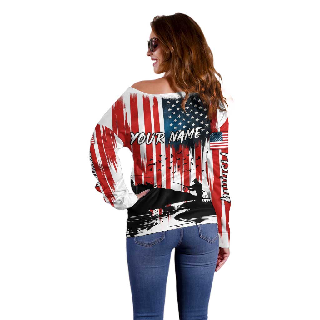 Custom Flag American Fishing Off Shoulder Sweater Fish Silhouette in Grunge Patriotic - Wonder Print Shop