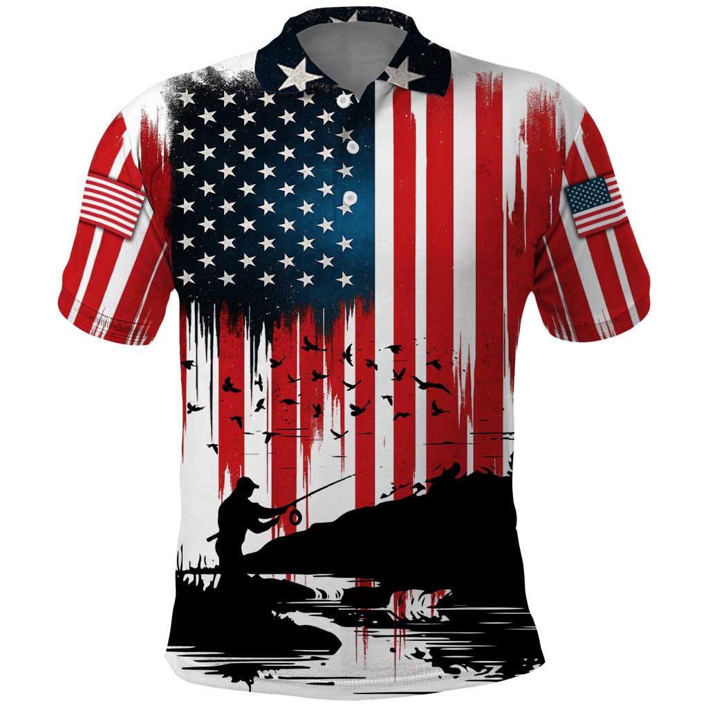 Custom Flag American Fishing Polo Shirt Fish Silhouette in Grunge Patriotic - Wonder Print Shop