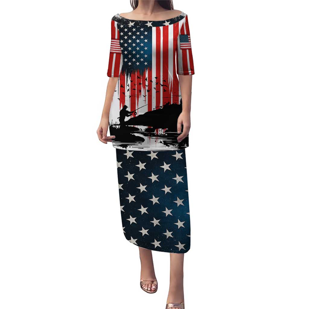 Custom Flag American Fishing Puletasi Fish Silhouette in Grunge Patriotic - Wonder Print Shop