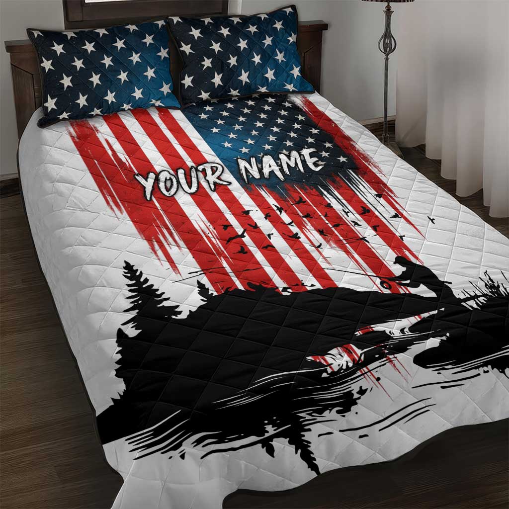 Custom Flag American Fishing Quilt Bed Set Fish Silhouette in Grunge Patriotic - Wonder Print Shop