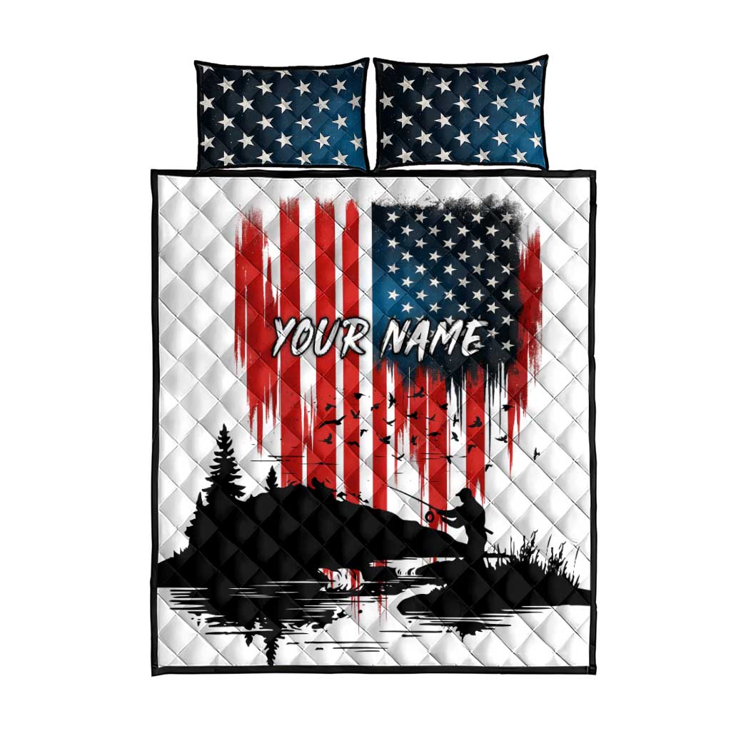 Custom Flag American Fishing Quilt Bed Set Fish Silhouette in Grunge Patriotic - Wonder Print Shop