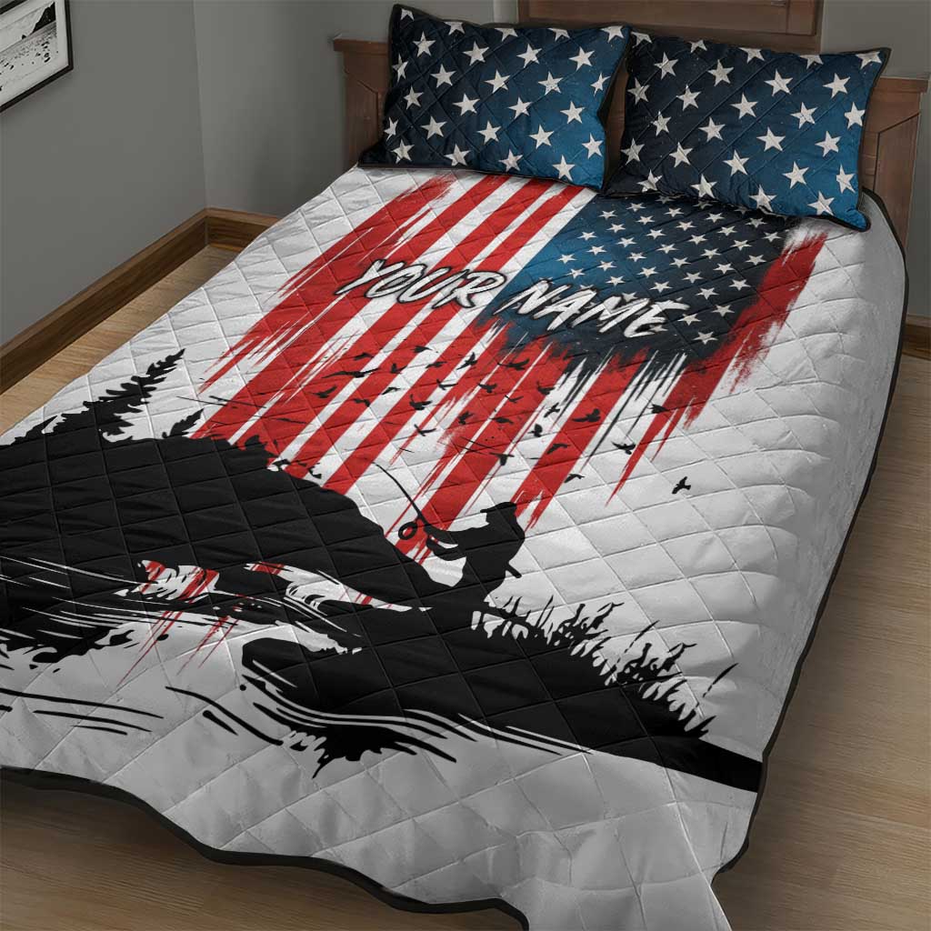 Custom Flag American Fishing Quilt Bed Set Fish Silhouette in Grunge Patriotic - Wonder Print Shop