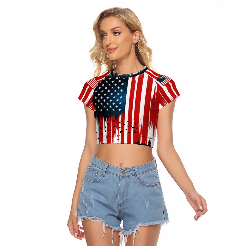 Custom Flag American Fishing Raglan Cropped T Shirt Fish Silhouette in Grunge Patriotic - Wonder Print Shop