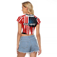 Custom Flag American Fishing Raglan Cropped T Shirt Fish Silhouette in Grunge Patriotic - Wonder Print Shop