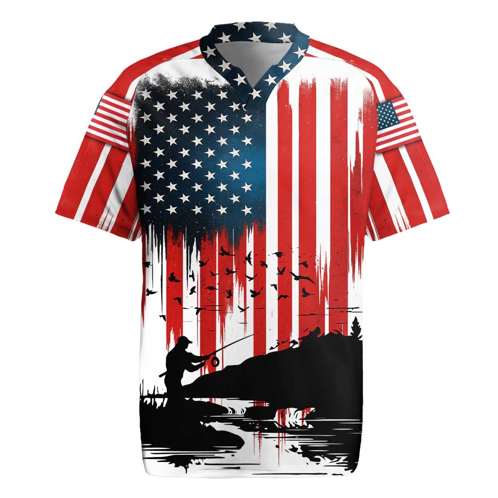 Custom Flag American Fishing Rugby Jersey Fish Silhouette in Grunge Patriotic - Wonder Print Shop