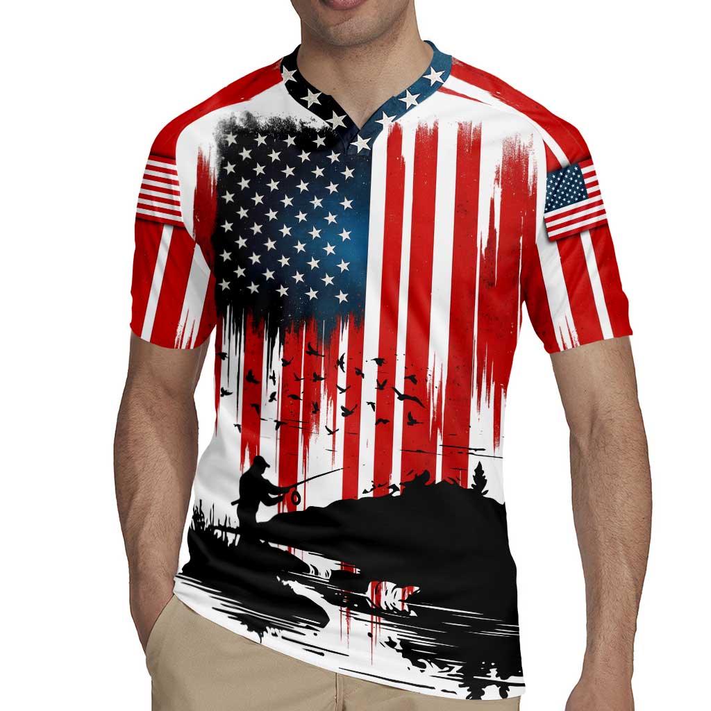 Custom Flag American Fishing Rugby Jersey Fish Silhouette in Grunge Patriotic - Wonder Print Shop