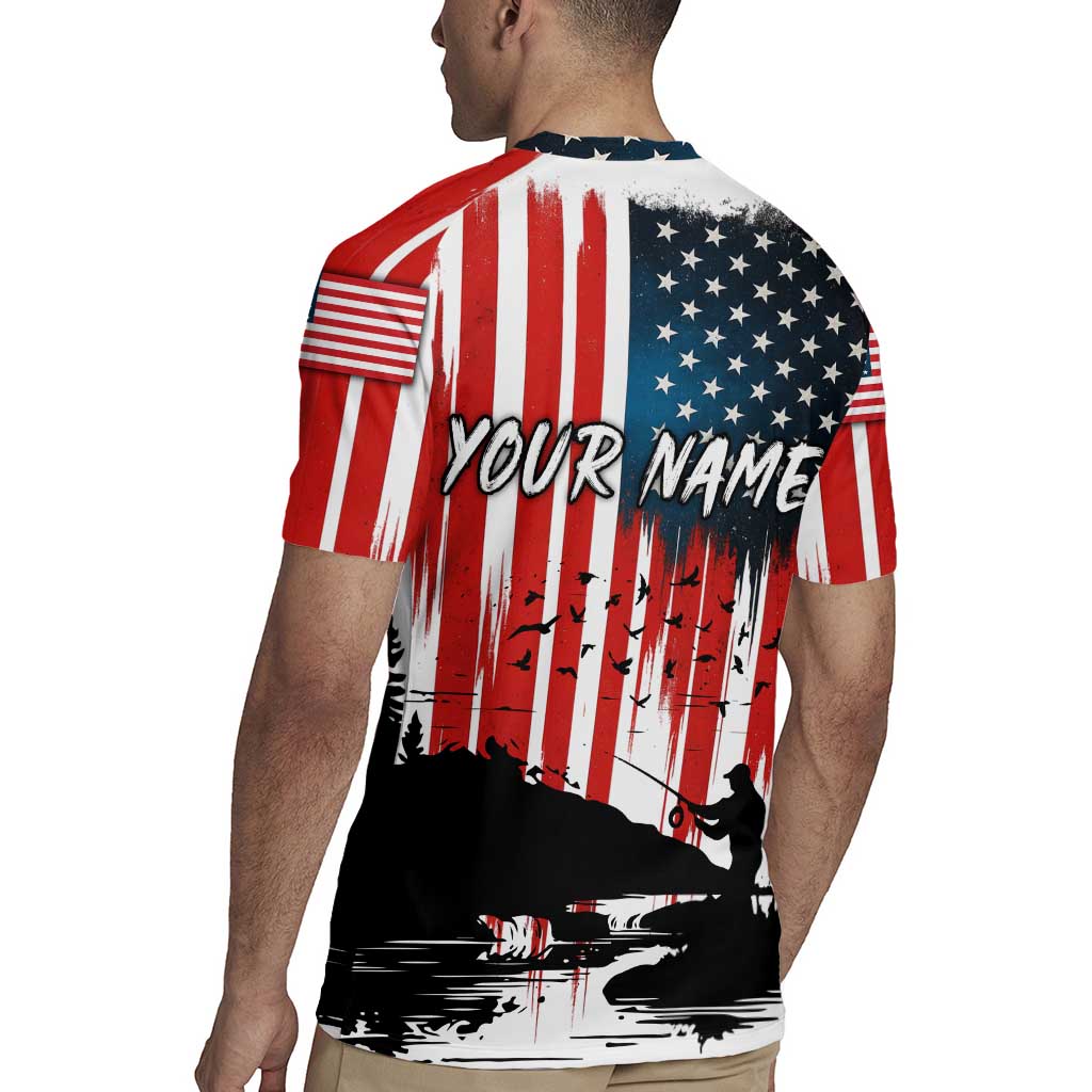 Custom Flag American Fishing Rugby Jersey Fish Silhouette in Grunge Patriotic - Wonder Print Shop