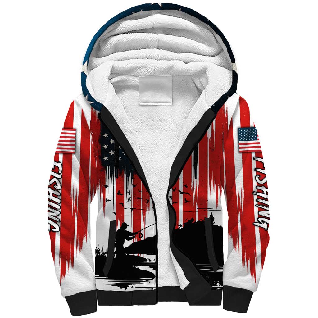 Custom Flag American Fishing Sherpa Hoodie Fish Silhouette in Grunge Patriotic - Wonder Print Shop