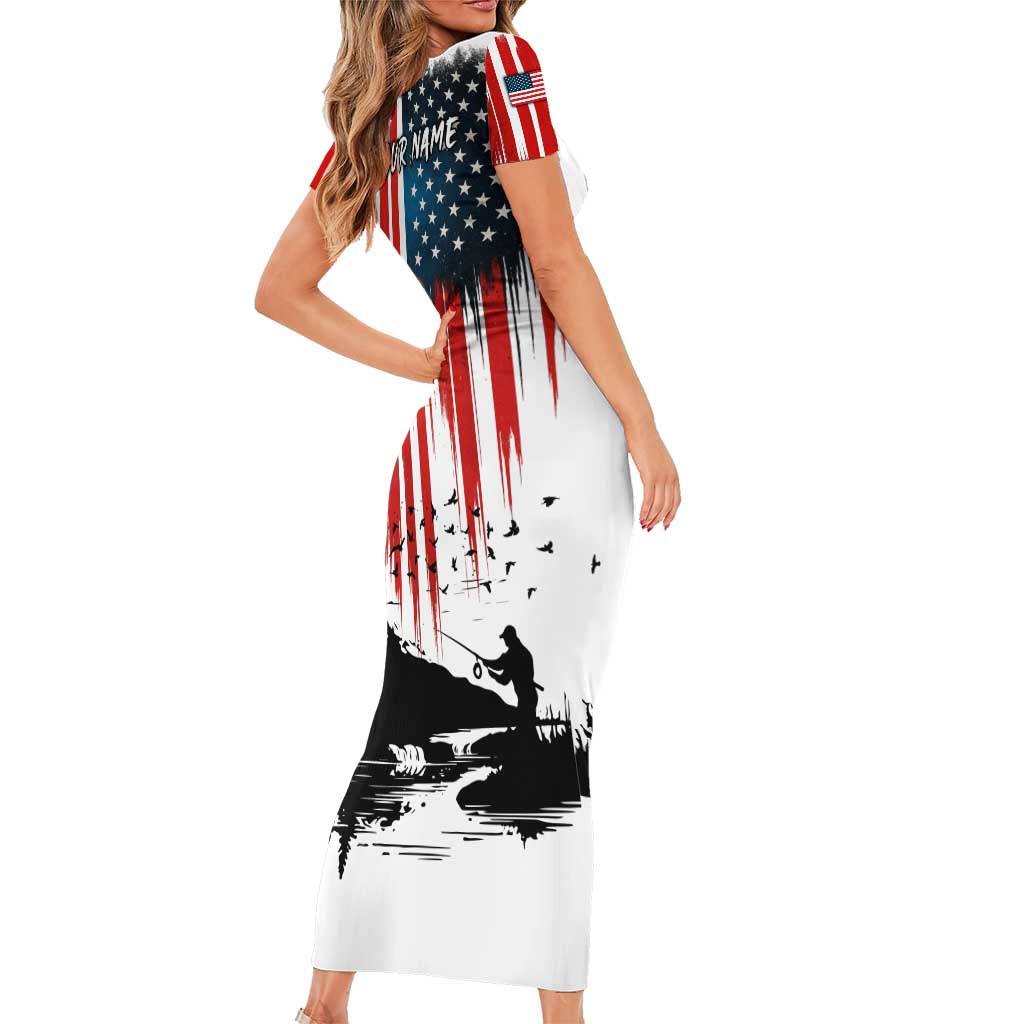 Custom Flag American Fishing Short Sleeve Bodycon Dress Fish Silhouette in Grunge Patriotic - Wonder Print Shop