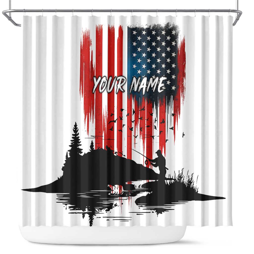 Custom Flag American Fishing Shower Curtain Fish Silhouette in Grunge Patriotic - Wonder Print Shop