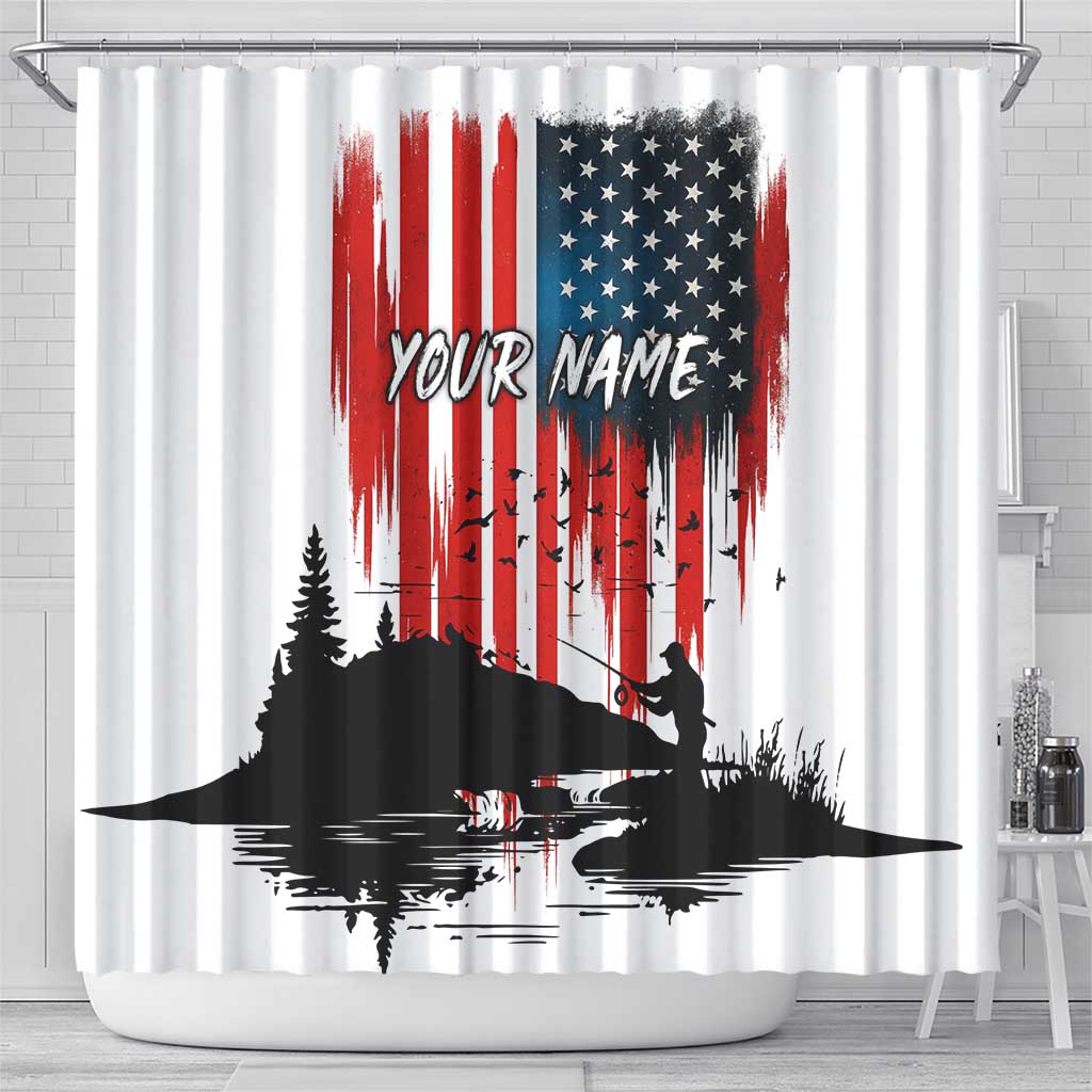 Custom Flag American Fishing Shower Curtain Fish Silhouette in Grunge Patriotic - Wonder Print Shop