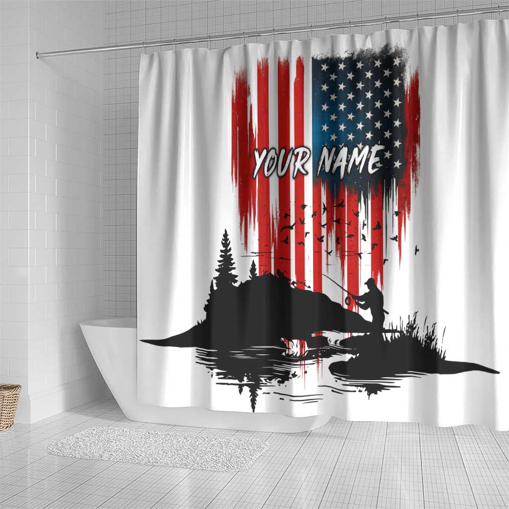 Custom Flag American Fishing Shower Curtain Fish Silhouette in Grunge Patriotic - Wonder Print Shop