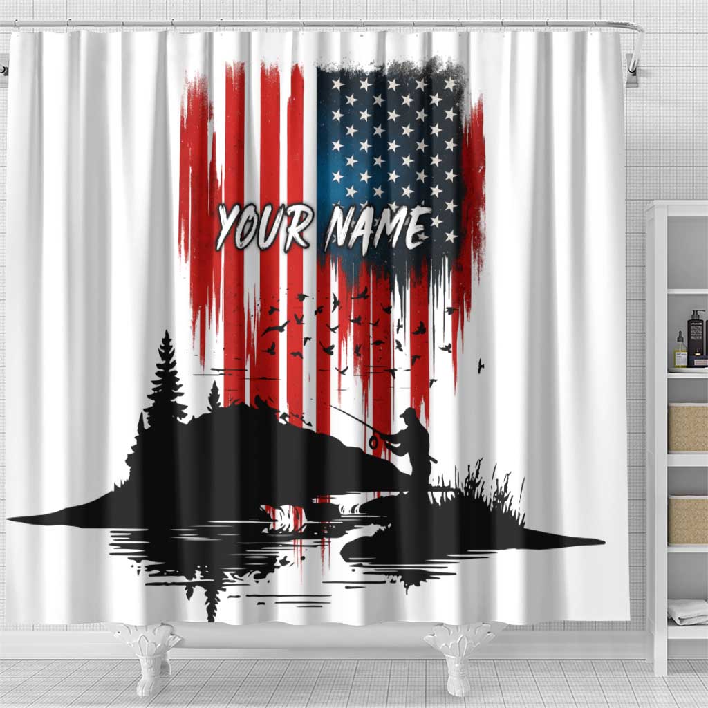 Custom Flag American Fishing Shower Curtain Fish Silhouette in Grunge Patriotic - Wonder Print Shop