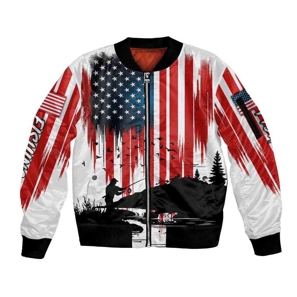 Custom Flag American Fishing Sleeve Zip Bomber Jacket Fish Silhouette in Grunge Patriotic - Wonder Print Shop