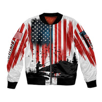 Custom Flag American Fishing Sleeve Zip Bomber Jacket Fish Silhouette in Grunge Patriotic - Wonder Print Shop